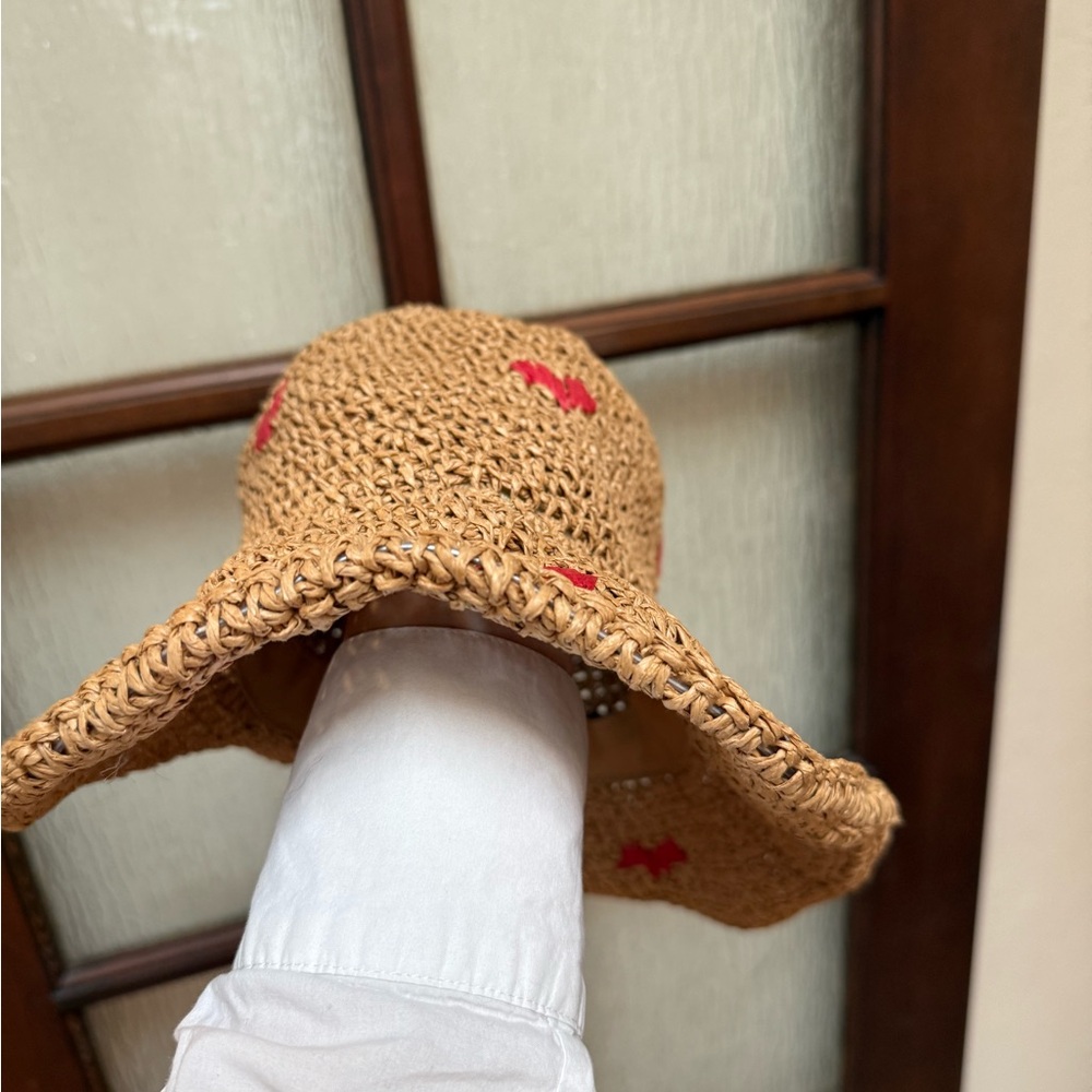 Anthropologie Brown Straw Hat with Red Hearts Embroidery - Picture 4 of 5